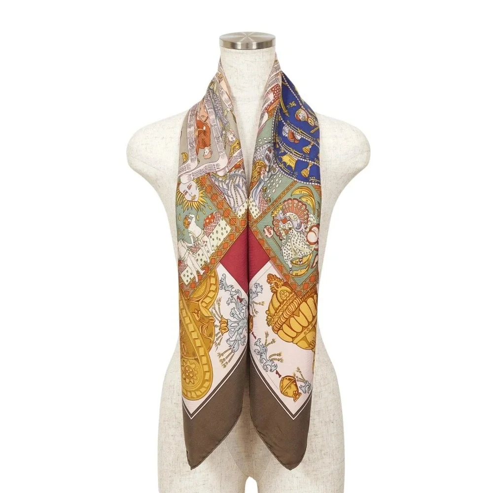 Hermès‎ Le Tarot 90cm Silk Scarf Annie Faivre Brown Gold Vintage Carre w/ Box